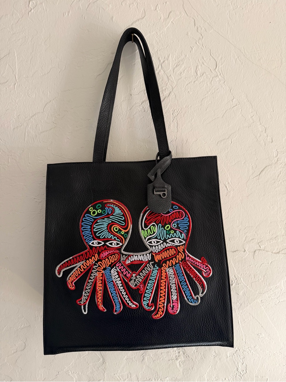 RARE Min & Mon Marko Black Leather Octopus Embroidered Tote Bag